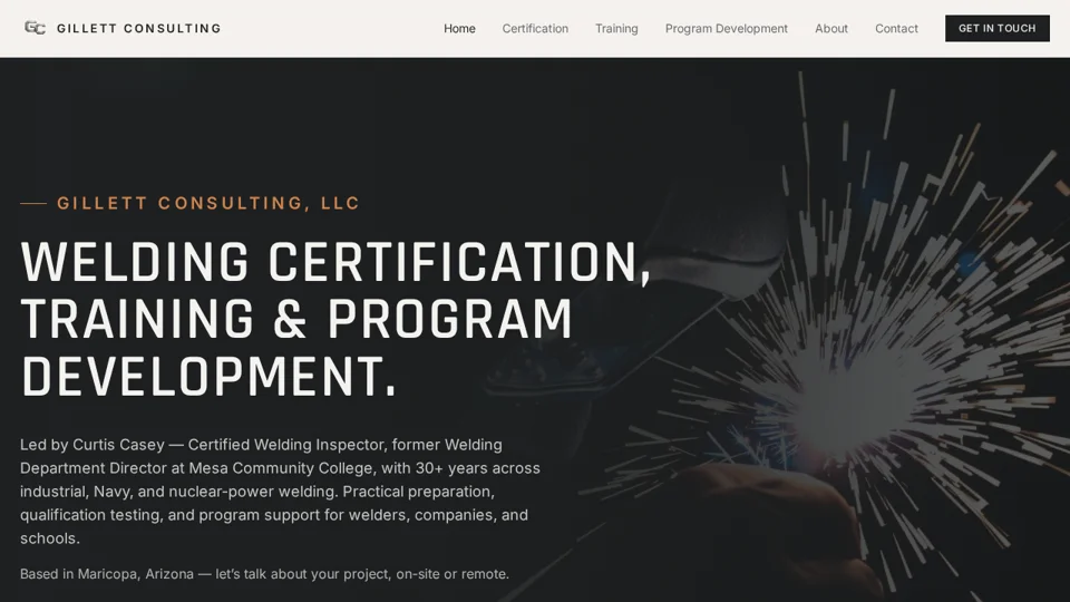 Gillett Consulting public homepage featuring welding training and program development