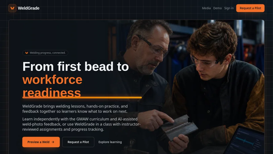 WeldGrade public homepage with the headline From first bead to workforce readiness